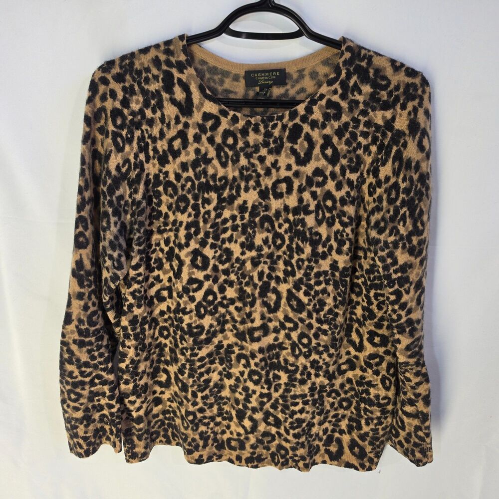 Charter Club Luxury 100% Cashmere Leopard Sweater Crewneck Animal Print Camel XL